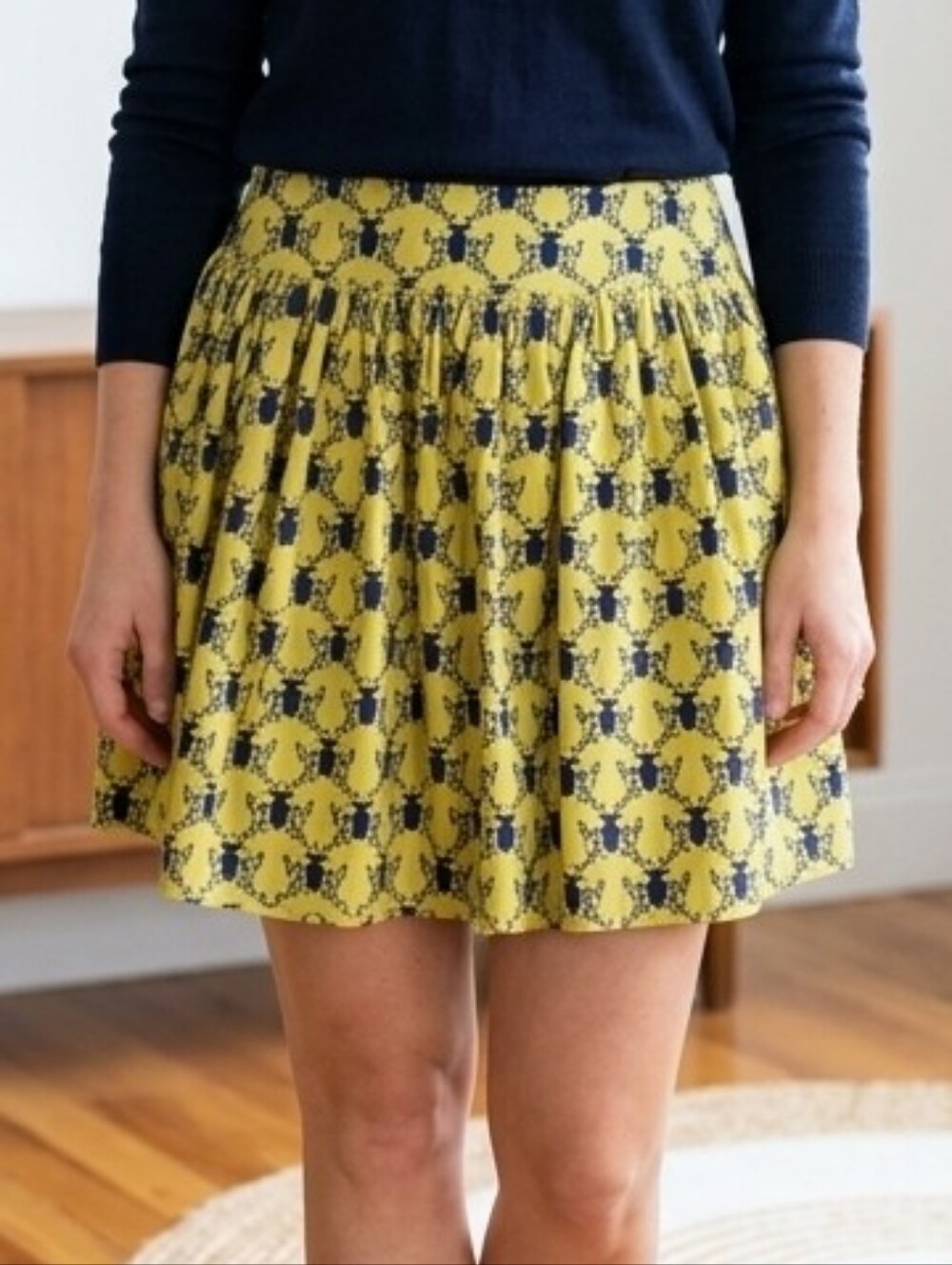 Yellow & Navy Deer Print Skater Skirt Whimsigoth Grandma Core Quirky Academia 12